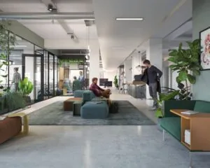 Moderne kantoorruimte aan de Karl Weisbardstraat in Rotterdam met loungegedeelte, glazen vergaderruimtes en veel groen.