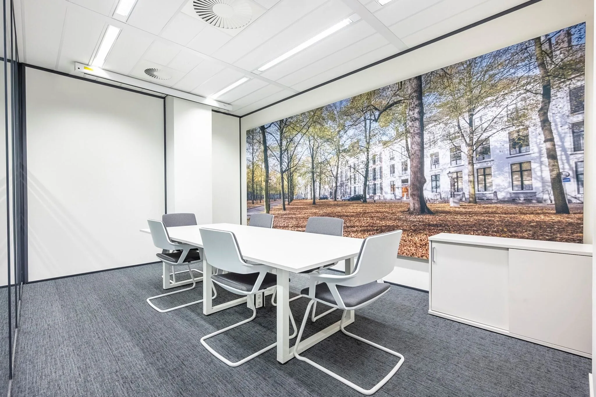 Moderne vergaderruimte met witte tafel, grijze stoelen en een grote wandfoto van het Koningin Julianaplein in de herfst.