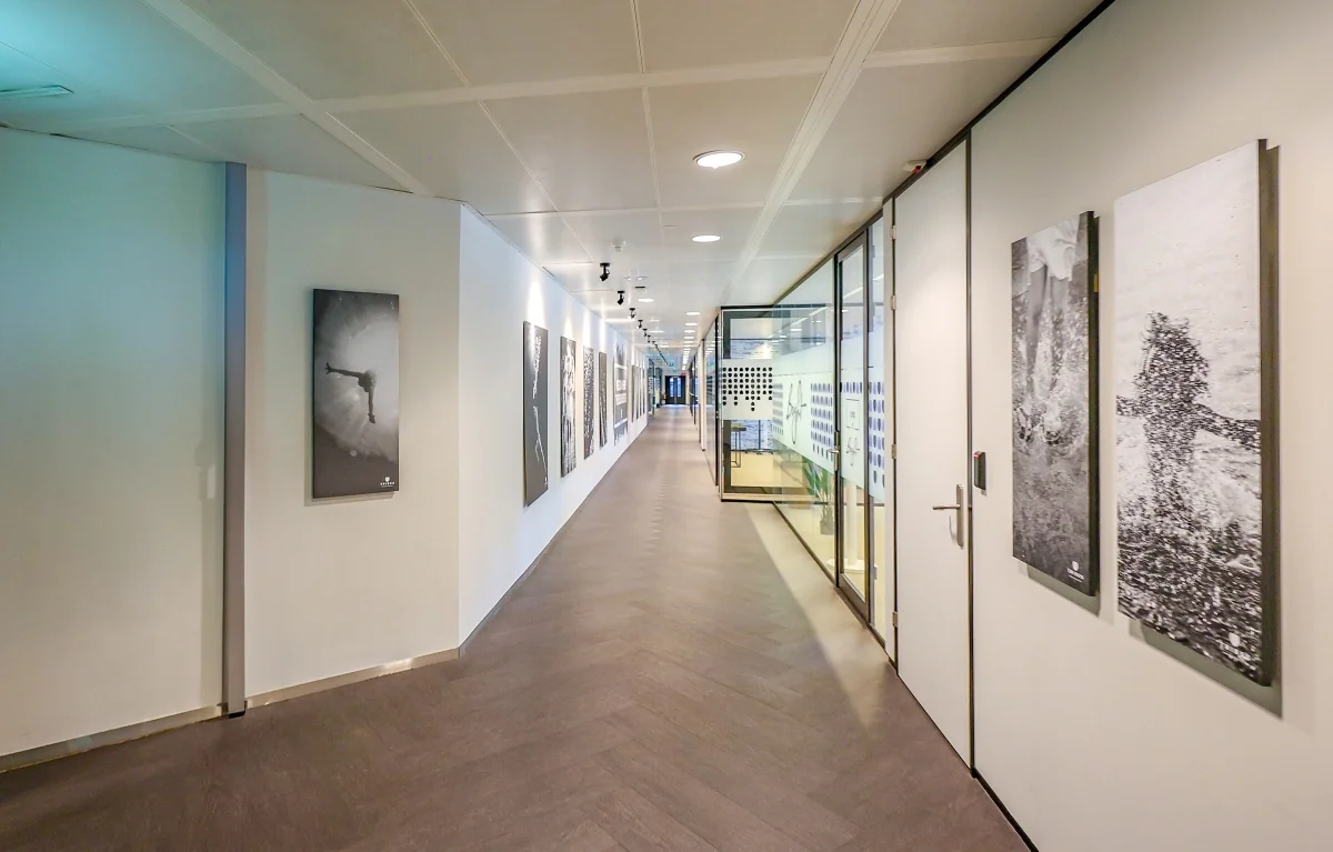 Een moderne gang in het NEW Tribes Amsterdam Amstel met kunstwerken aan de muren en glazen wanden aan de rechterkant.