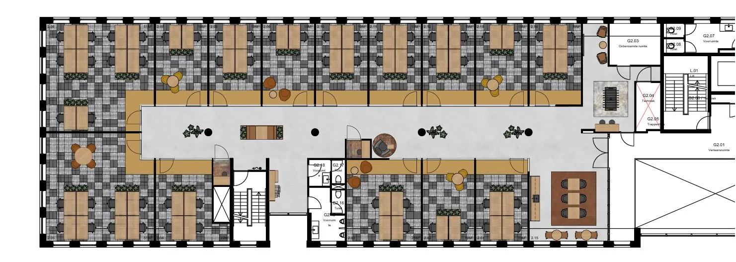 Floor plan of the Plattengrod Hullenbergweg 109 office layout with multiple workspaces, meeting rooms, and communal areas.