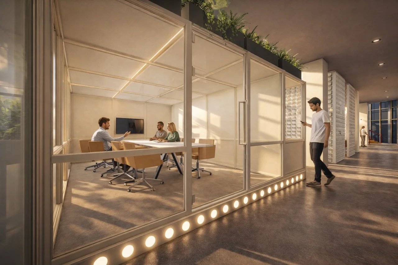 Render van een moderne vergaderruimte met glazen wanden waarin vier mensen overleggen, gelegen in een licht en ruim kantoorpand.