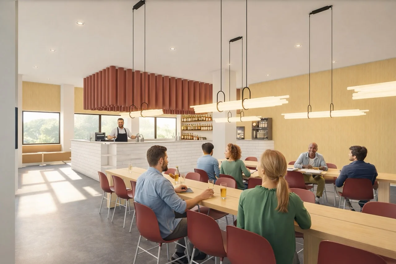 Render van een moderne, lichte bedrijfsruimte met houten tafels, rode stoelen en mensen die ontspannen praten terwijl een barista achter de bar werkt.