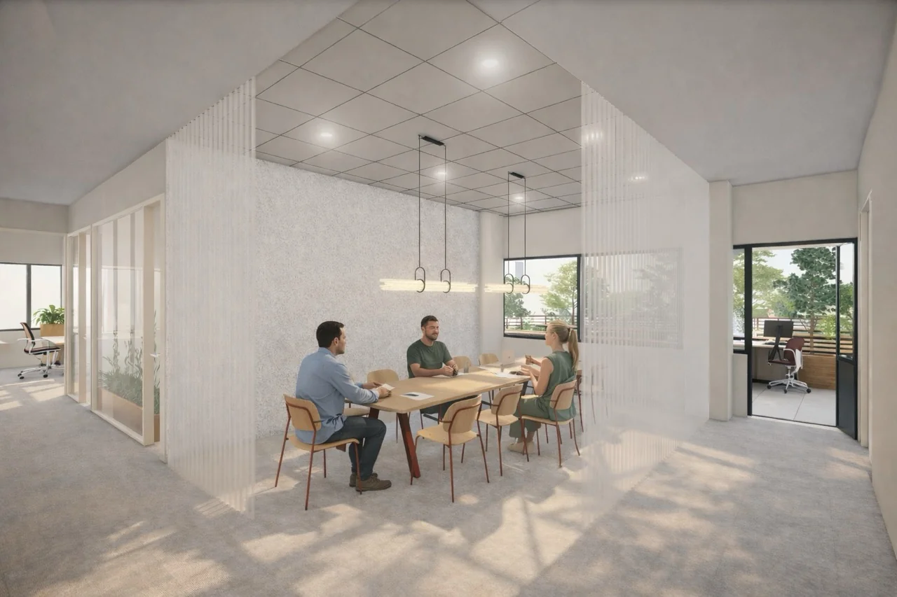 3D-render van een moderne vergaderruimte met vier personen aan een houten tafel in een open en lichte kantooromgeving.