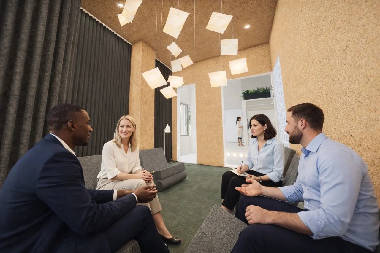 Vier mensen zitten in een modern ingerichte ruimte en voeren een gesprek in Render 6 groot.