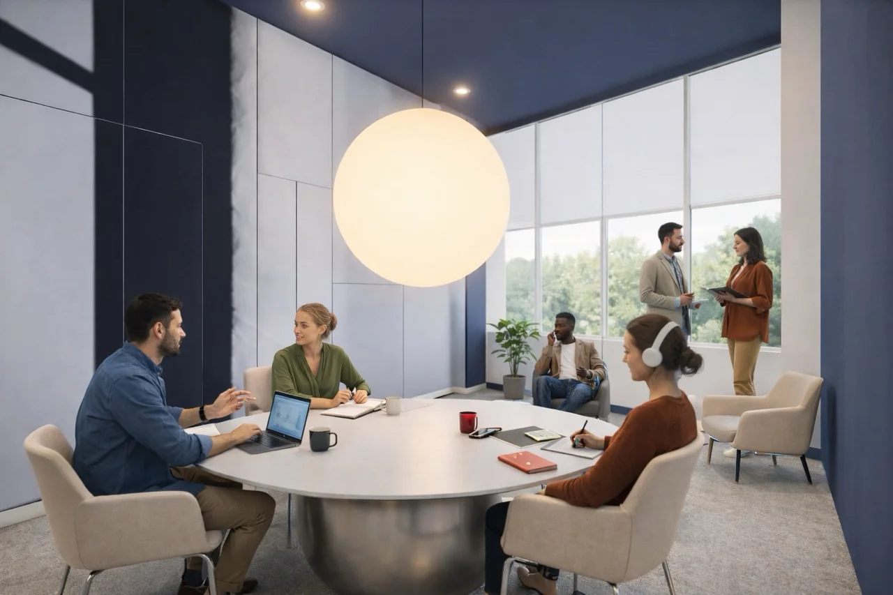 Mensen werken en overleggen in een moderne kantoorruimte met grote ramen en een ronde tafel.