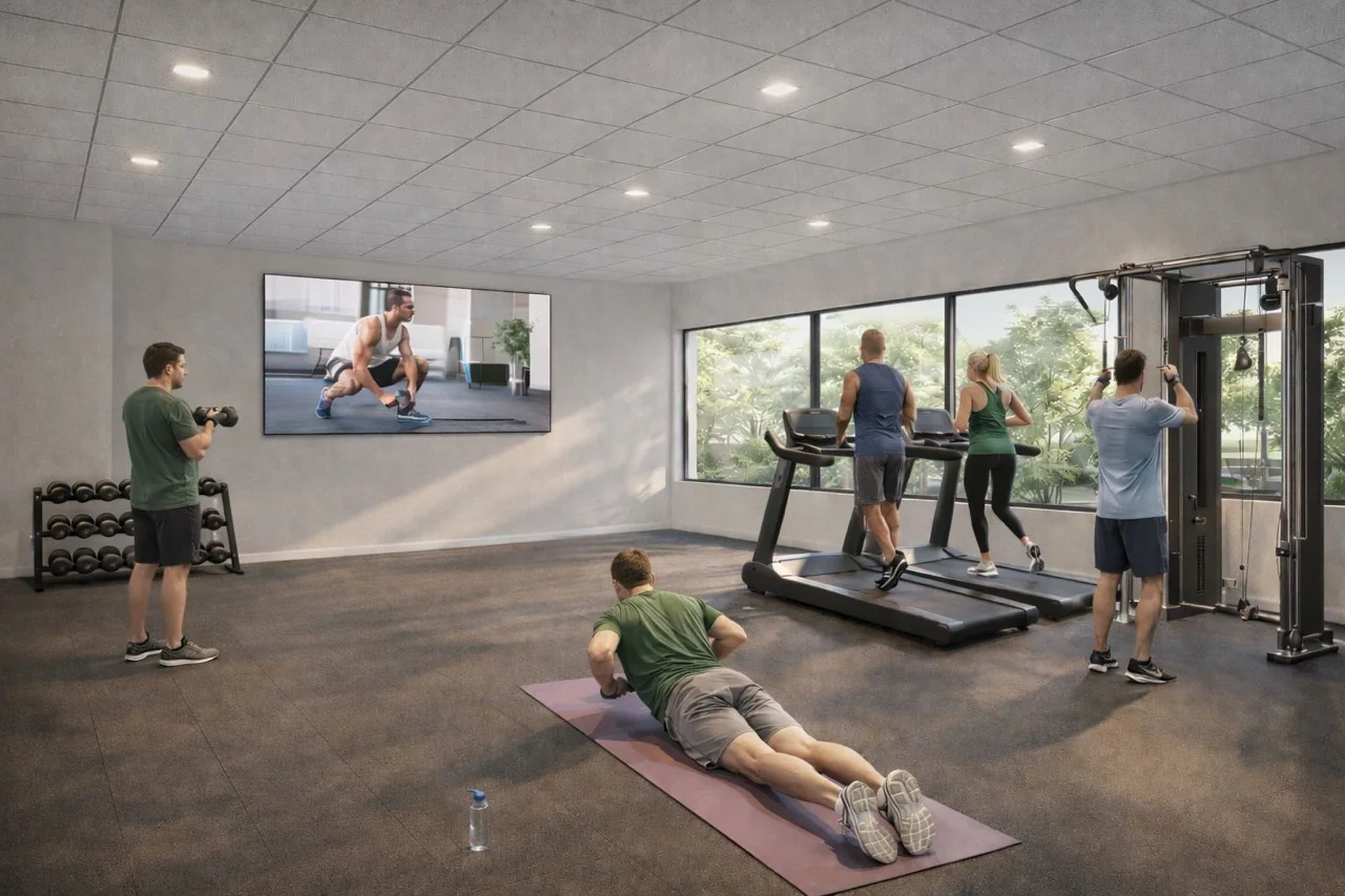 Mensen sporten in een moderne fitnessruimte met diverse apparaten en een groot scherm waarop een instructievideo speelt.