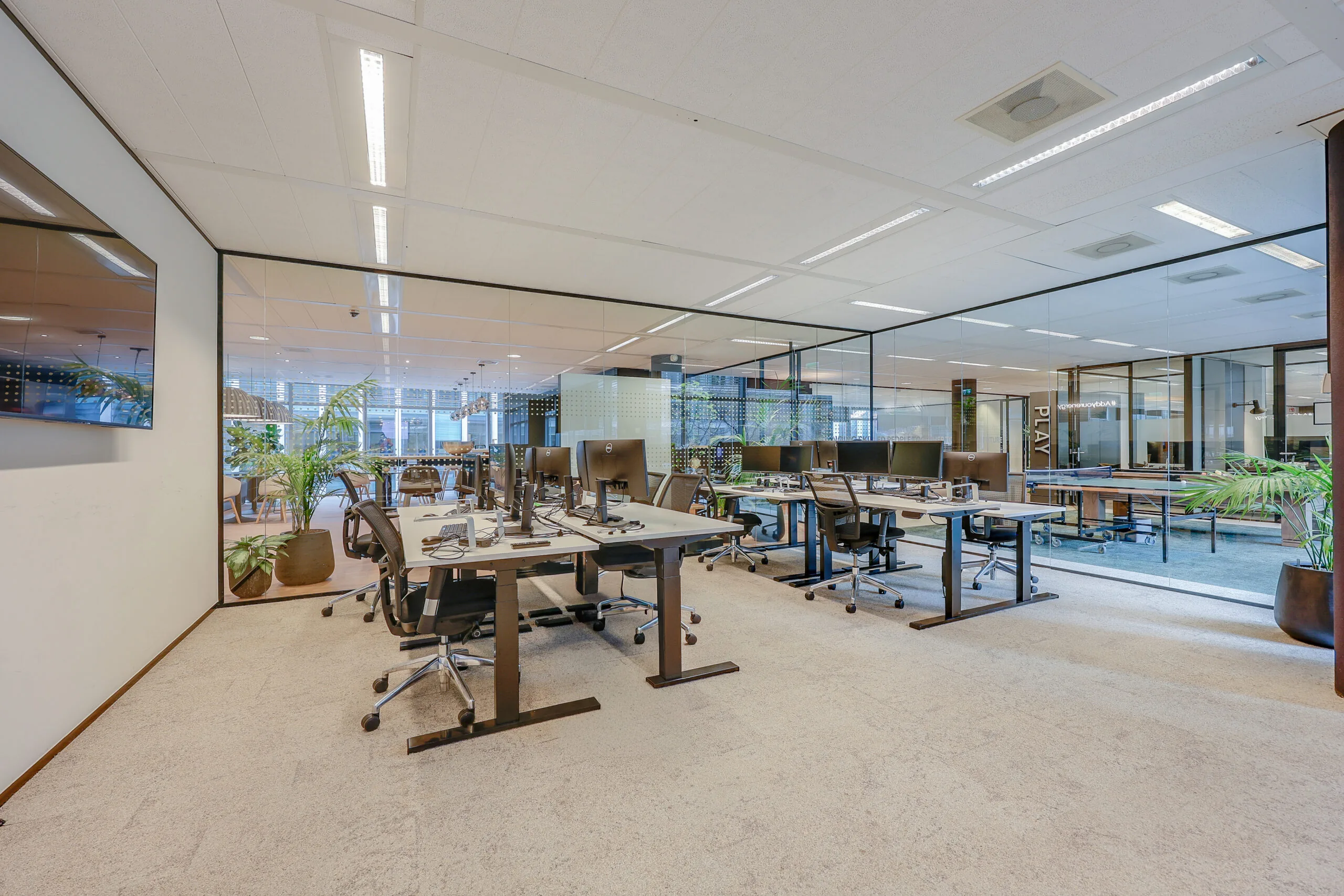 Een moderne kantoorruimte met glazen wanden en meerdere bureaus in Tribes Amsterdam SOM.