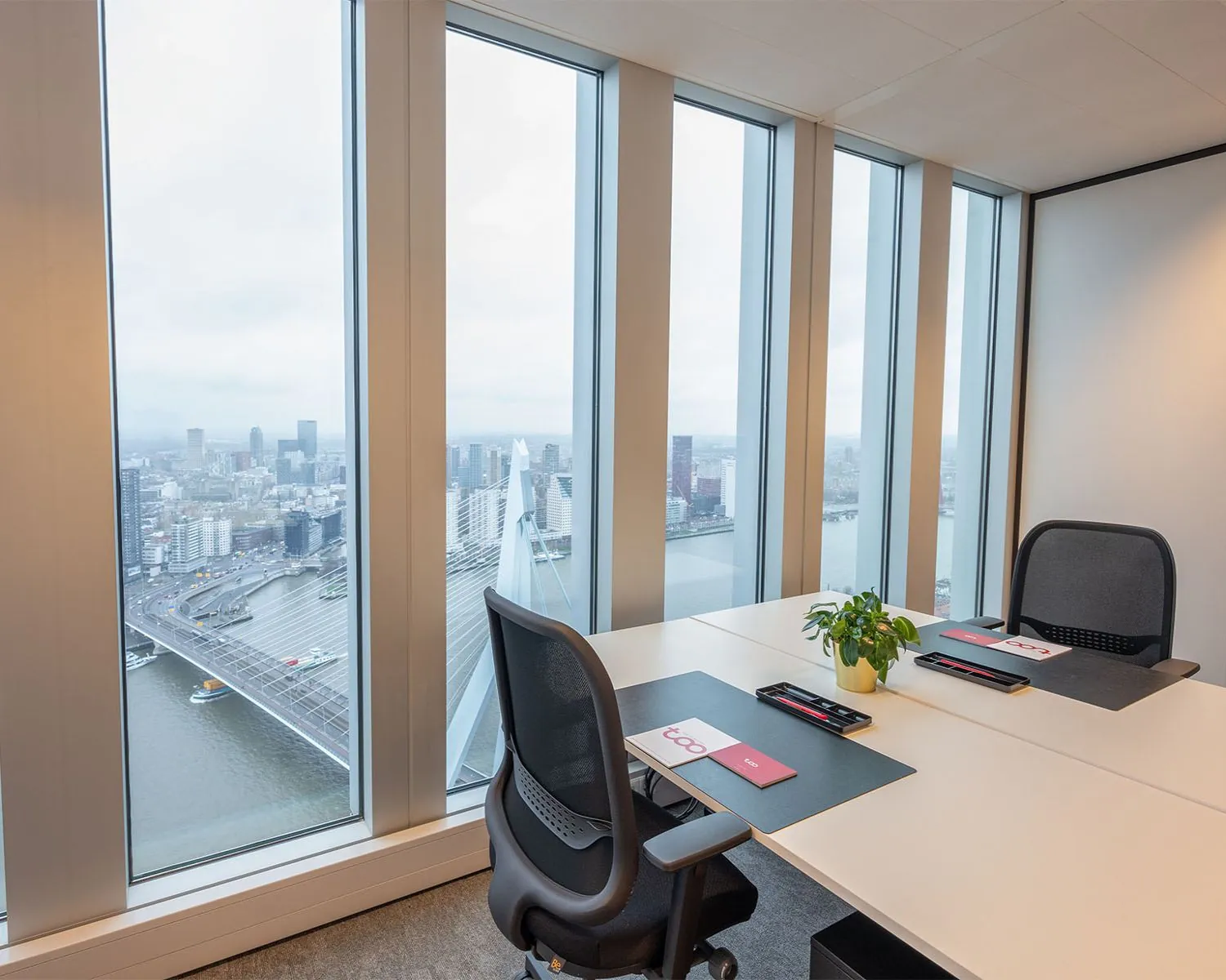 Modern kantoor met uitzicht op de Erasmusbrug en de skyline van Rotterdam.