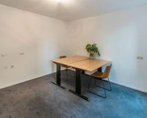 Twee eenvoudige bureaus met stoelen en een plant in een minimalistische kantoorruimte.