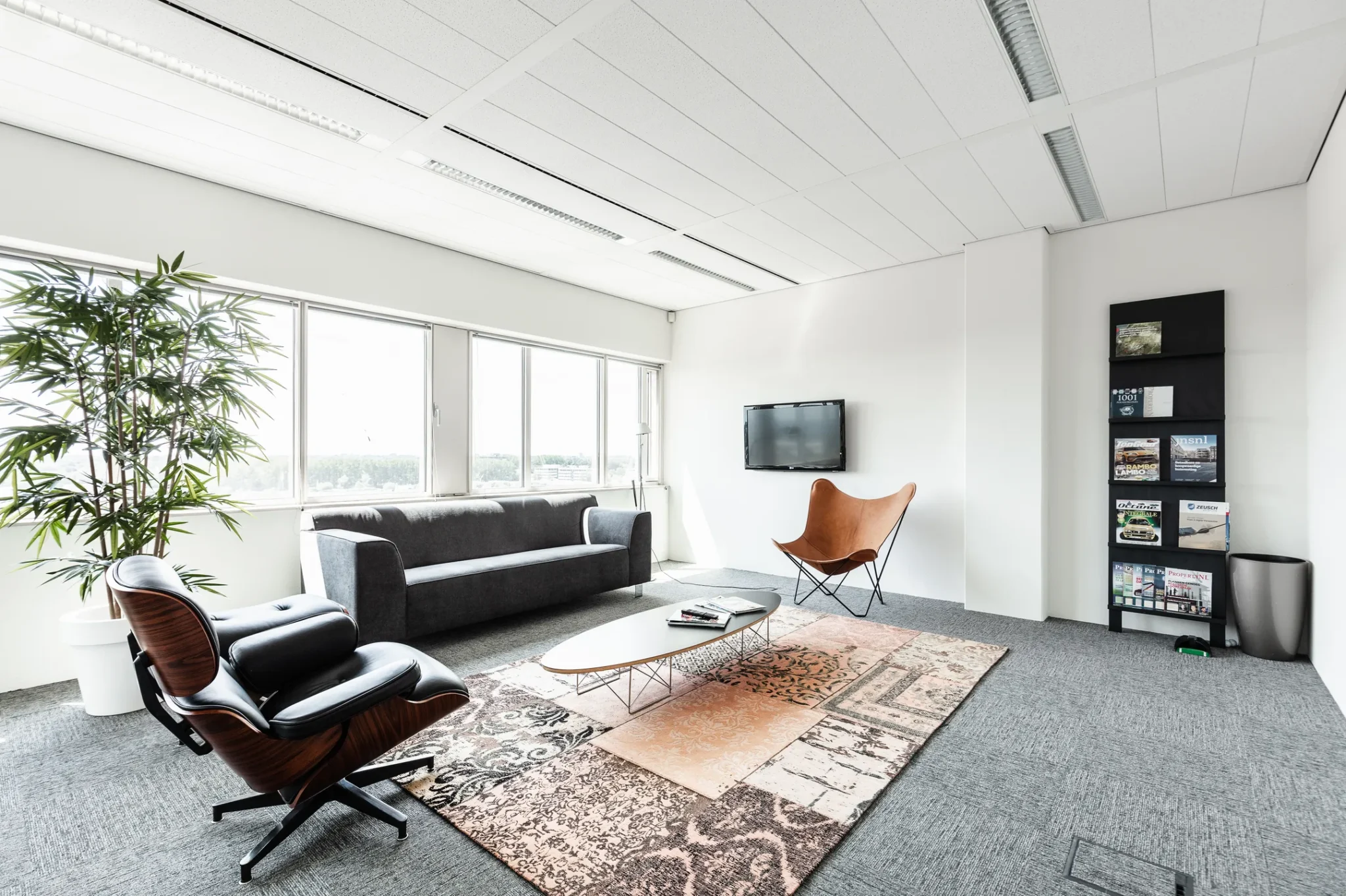 Moderne wachtruimte met designmeubilair, groot vloerkleed, tijdschriftenrek en ramen die veel daglicht binnenlaten.