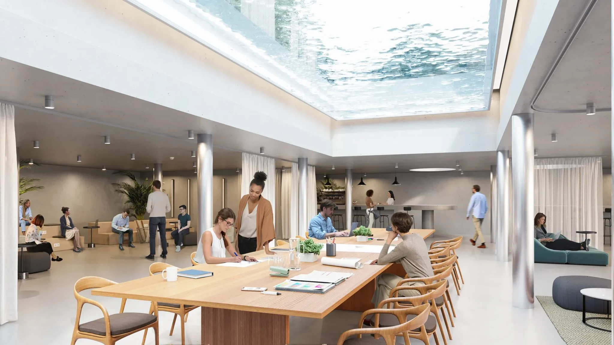 Moderne kantoorruimte in Herengracht 206 met een grote vergadertafel, werkende mensen en een opvallend glazen plafond met water erboven.