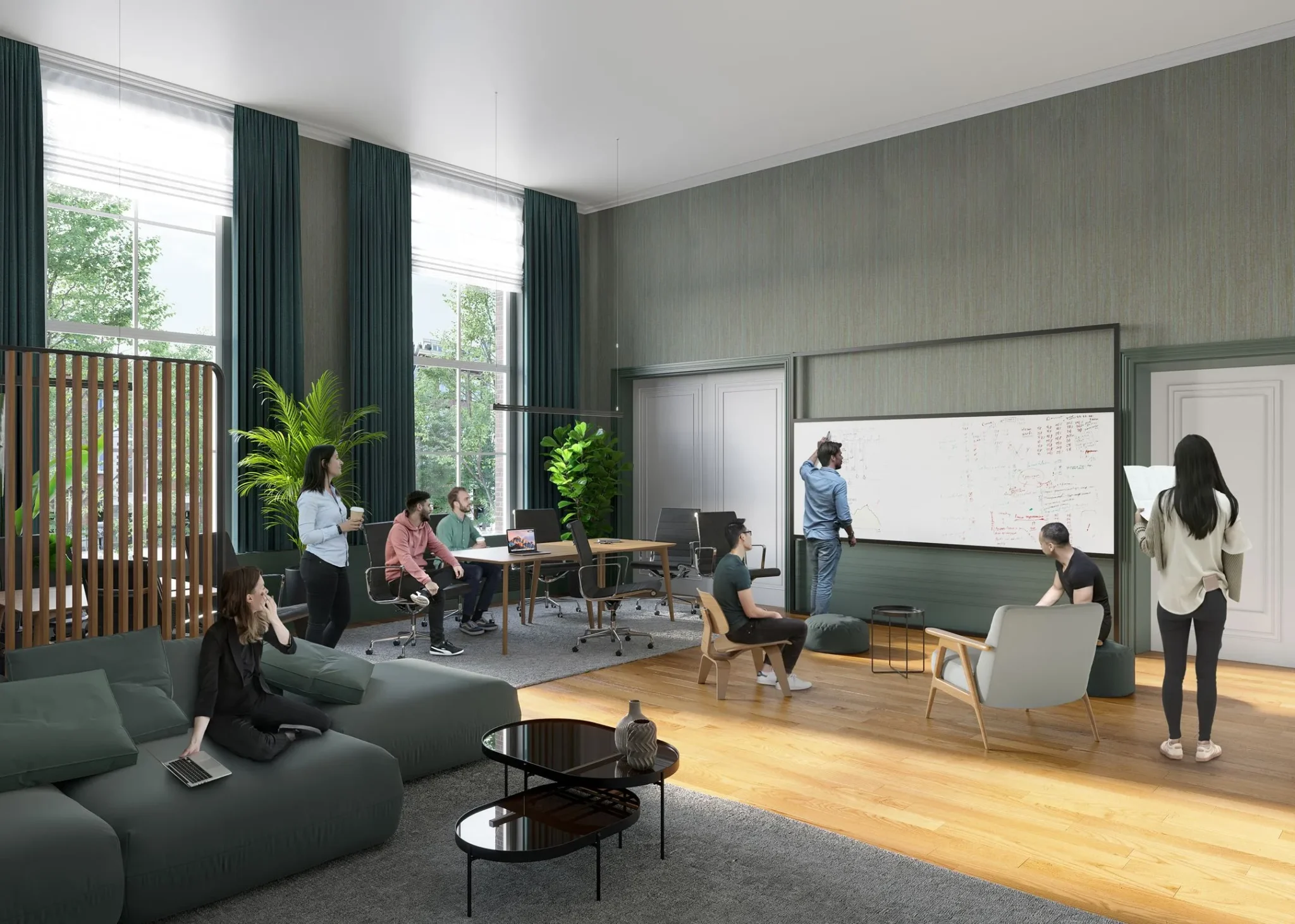 Moderne kantoorruimte op Herengracht 206 met mensen die samenwerken en overleggen bij een whiteboard.
