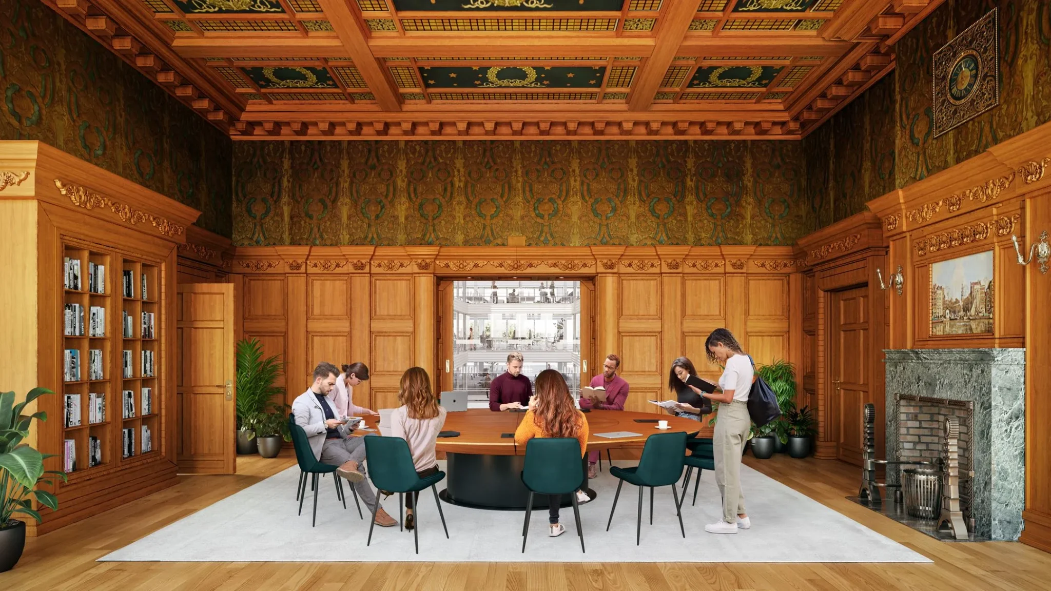Vergaderruimte met houten lambrisering en plafond in Herengracht 206, waar mensen rondom een ovale tafel bijeenkomen.
