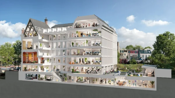 Doorsnede van het pand Herengracht 206 met zicht op diverse verdiepingen en moderne werk- en ontmoetingsruimtes.