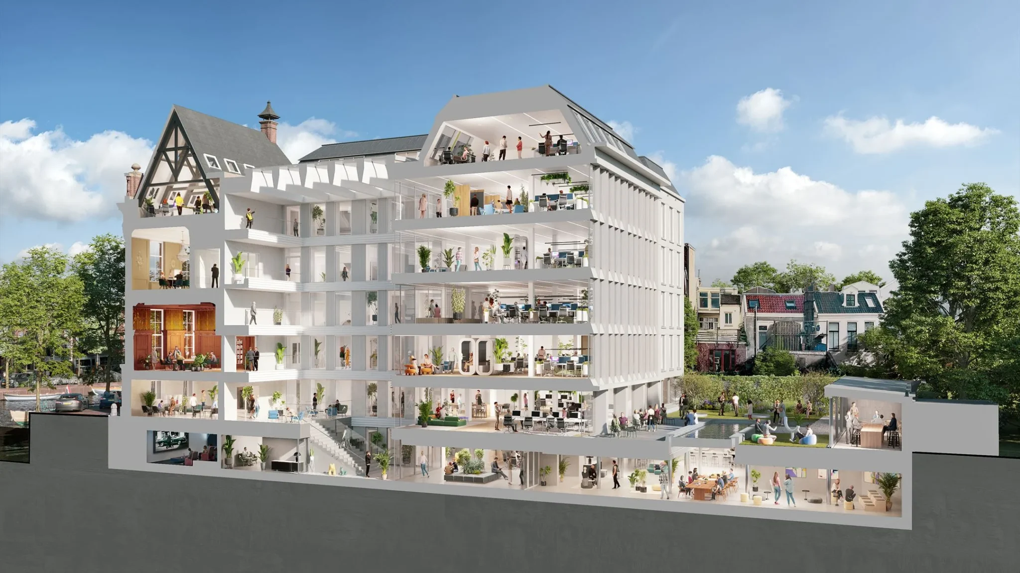Doorsnede van het pand Herengracht 206 met zicht op diverse verdiepingen en moderne werk- en ontmoetingsruimtes.