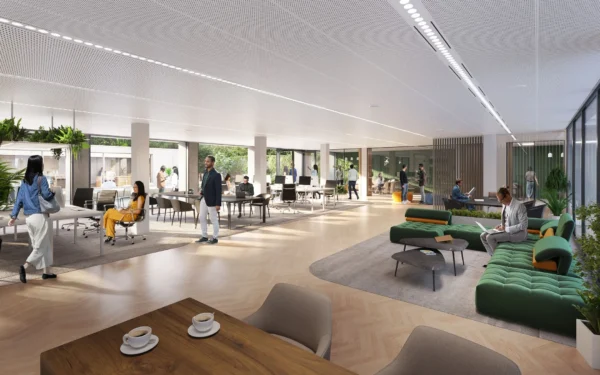 Moderne, open kantooruimte in Herengracht 206 met flexplekken, vergadertafels en loungezitjes.