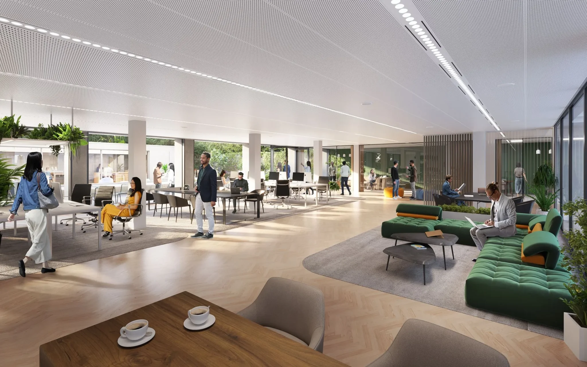 Moderne, open kantooruimte in Herengracht 206 met flexplekken, vergadertafels en loungezitjes.