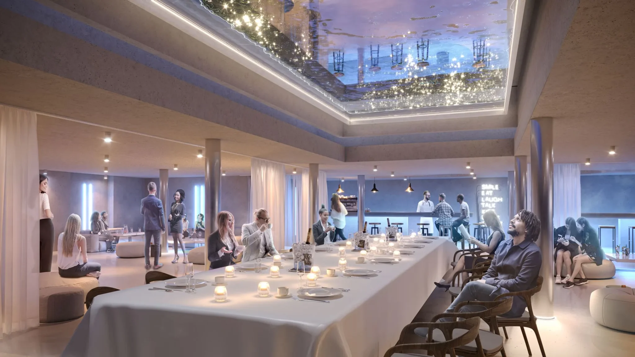 Moderne en sfeervol verlichte eetruimte in Herengracht 206 met een lange dinertafel, mensen in gesprek en een reflecterend plafond met uitzicht op de grachten.