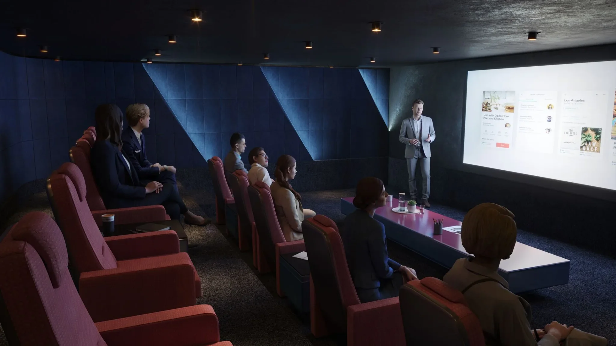 Presentatie in een bioscoopachtige vergaderruimte met mensen zittend in rode stoelen bij Herengracht 206.