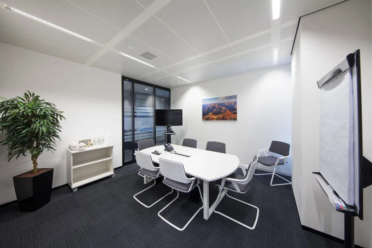 Moderne vergaderruimte aan de Strawinskylaan in Amsterdam met een ovale tafel, stoelen, een tv-scherm, een plant en een schilderij aan de muur.