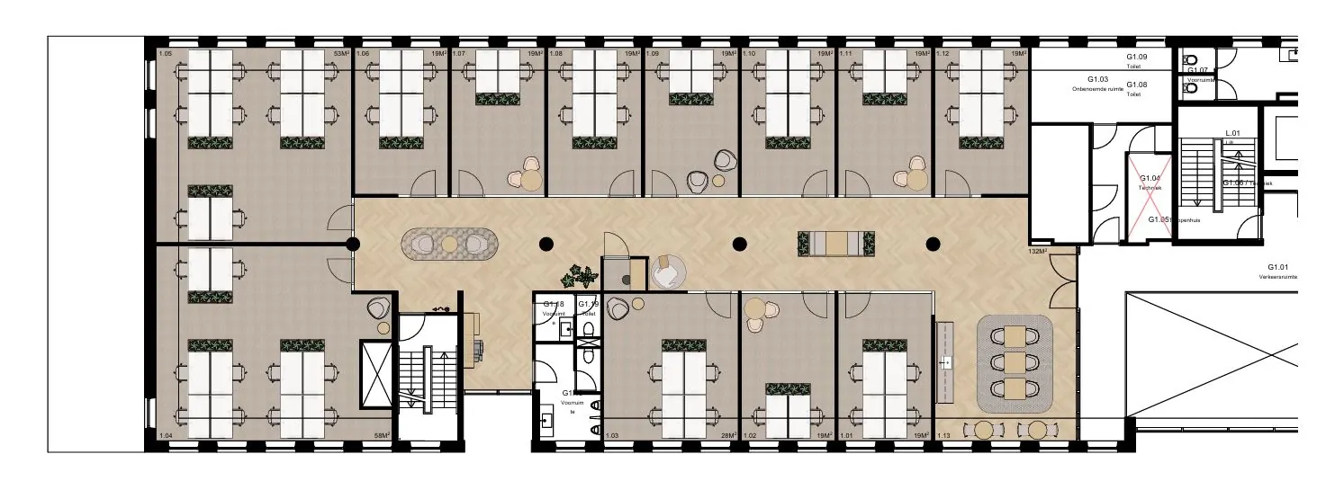 Floor plan of Hullenbergweg 109 featuring office spaces, meeting rooms, common areas, and facilities.