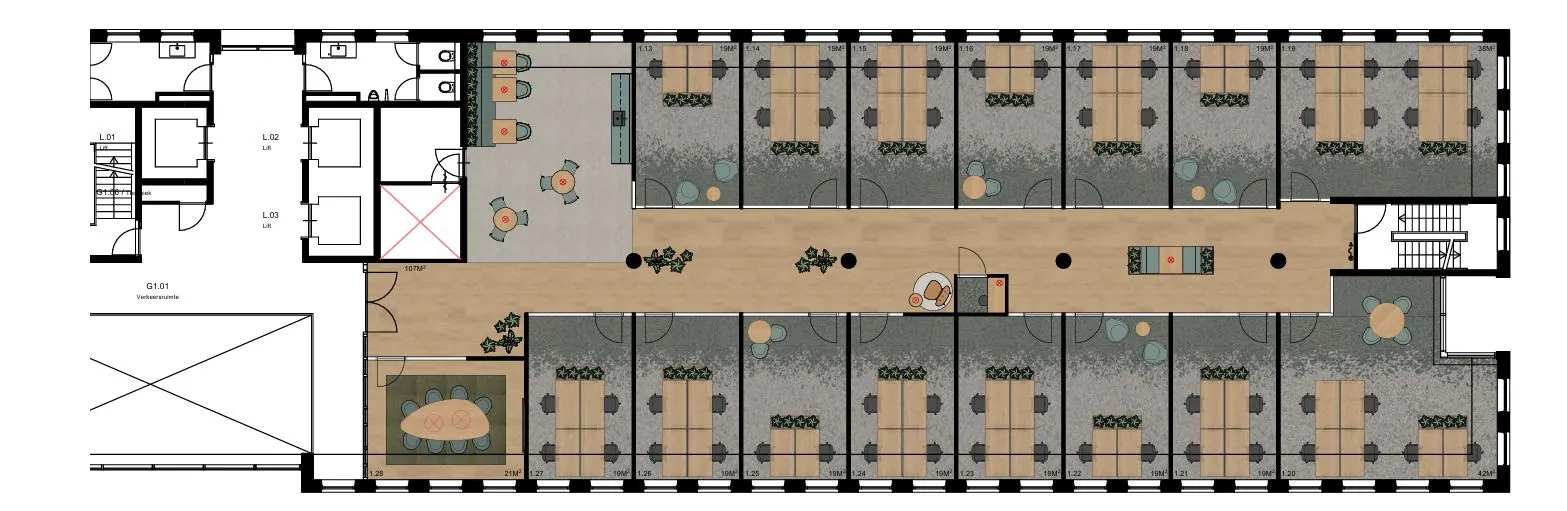 Floor plan of Hullenbergweg 109 level 2 showing office spaces, meeting rooms, and shared communal areas.