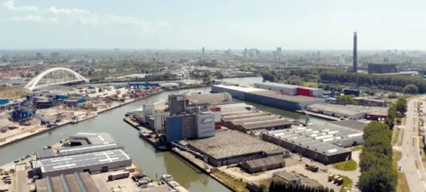 Aerial view of the industrial area Utrecht Lage Weide with warehouses, factories, and a canal.