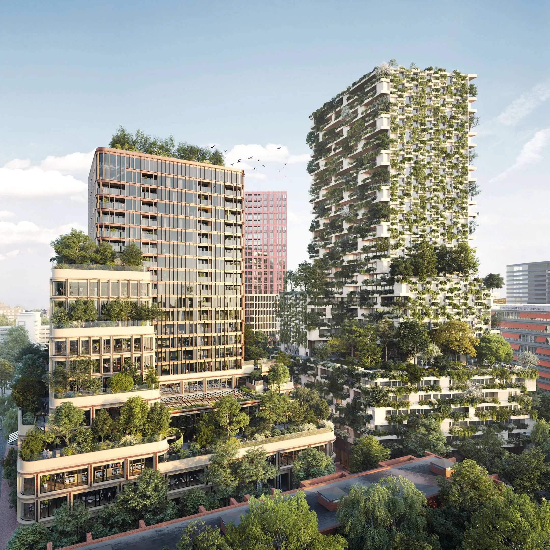 Een groene stedelijke ontwikkeling met moderne woontorens bedekt met bomen en planten in het project Westwood.