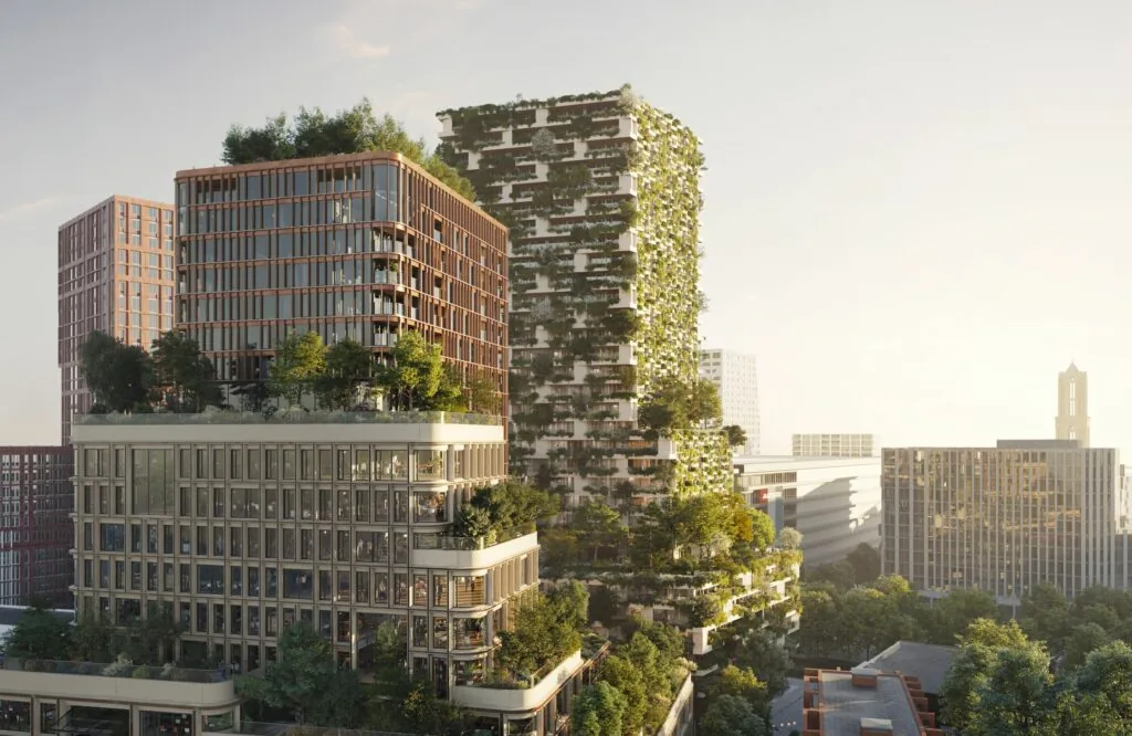 Toekomstig Westwood-complex met groene gevels en daktuinen in een stedelijke omgeving bij zonsondergang.